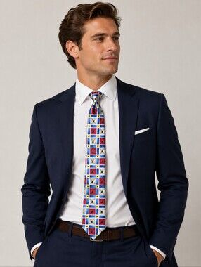 SAKS FIFTH AVENUE Men's Geometric Red & Blue 100% Silk Tie